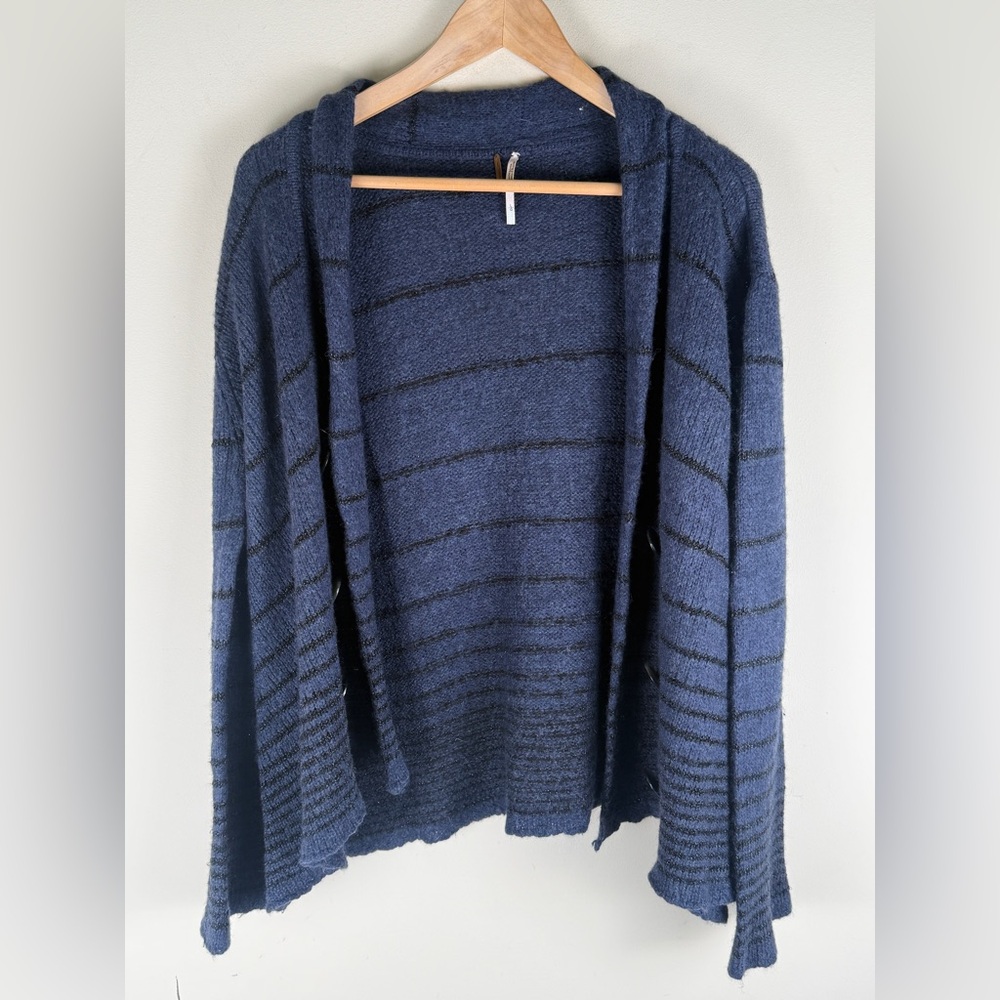 Free People Blue W/ Black Stripes Open Cardigan Wool Blend Large Button Detail
